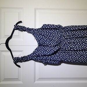 C Label Brand Logo Apparel Navy Ruffle Floral Print Wide Leg Jumpsuit